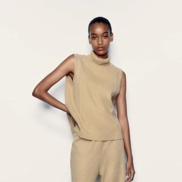 Top Zara En Tricot Beige - Mélange De Matières - Taille M - Occasion Très Bon état
